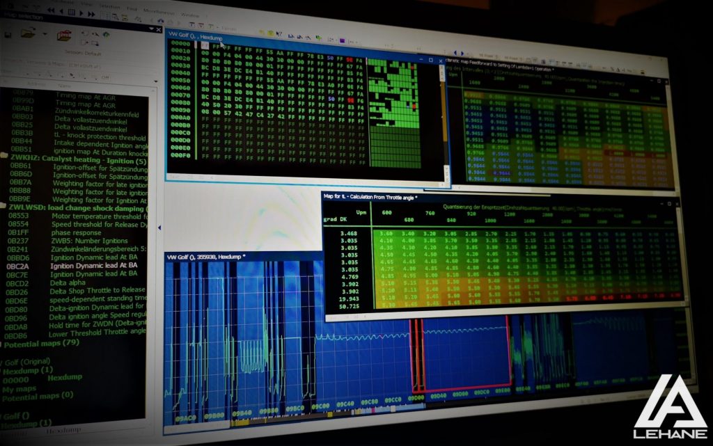 ECU tuning software showing VW Golf ignition and hexdump maps in Swansea